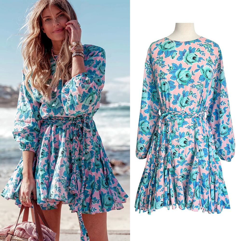 Rhode Ella Pop Floral Blue‎ & Pink Cotton Mini Dress - Size M